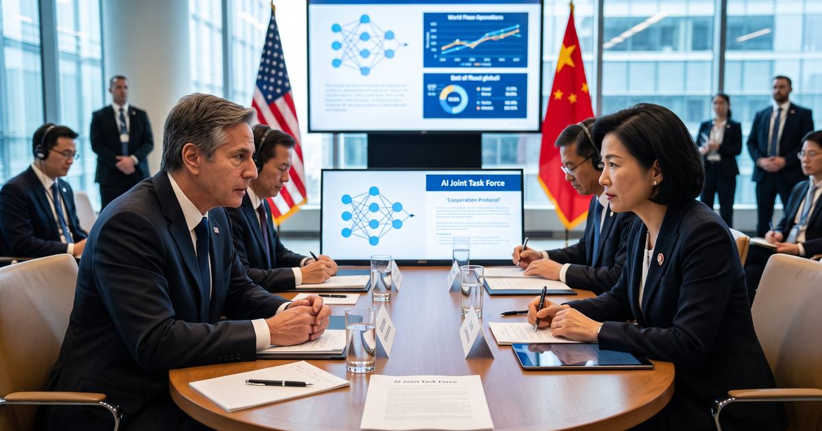 Delegazioni americana e cinese sedute a un tavolo di negoziazione con le bandiere dei due Paesi e gli schermi che mostrano il progetto AI Joint Task Force