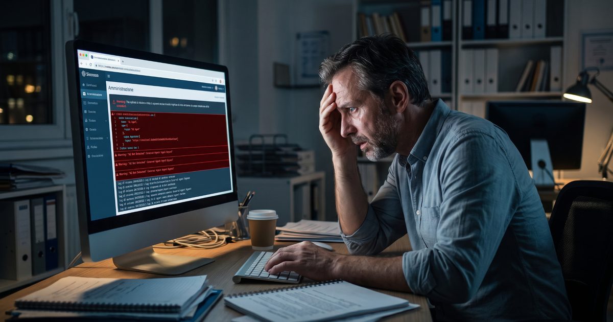 Uomo preoccupato davanti a un computer che mostra avvisi di errore generati da un agente AI, in ufficio di notte
