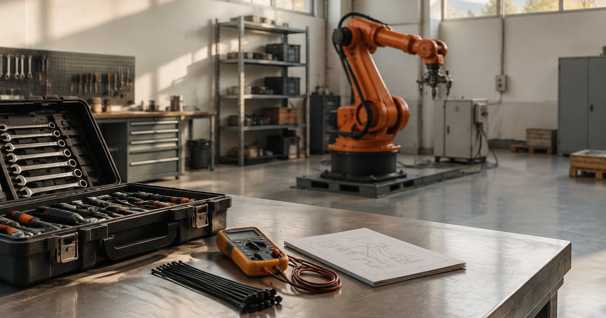 Braccio robotico industriale spento in un'officina, con una cassetta degli attrezzi aperta in primo piano in attesa del manutentore